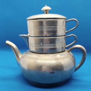 Pewter single-service coffee pot with stacked sugar and creamer